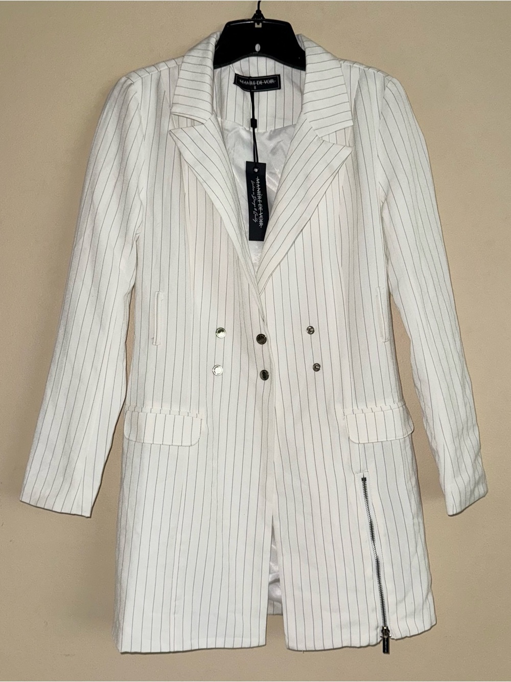 Maniere De Voir White Pinstriped Blazer Snap Button Mini Dress Size 8 NWT!